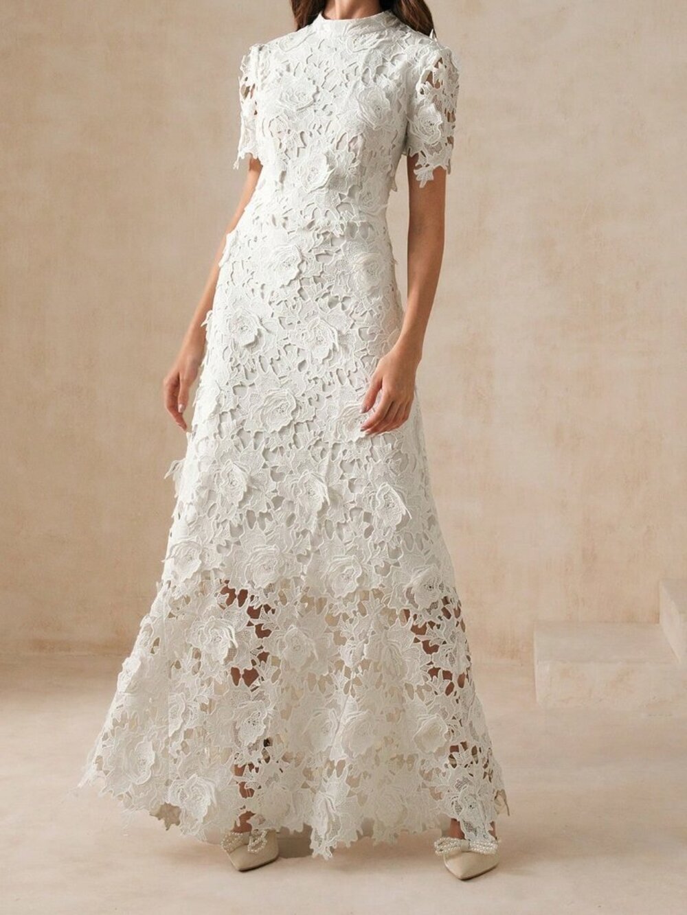 White Elegant Women's Slim Fit Lace Trimmed Maxi Dress